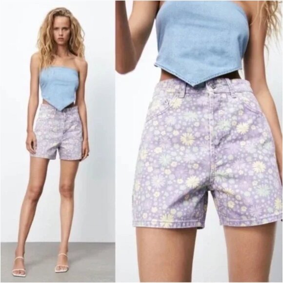 Zara Pants - Zara Floral Straight Fit High Waisted Denim Shorts in Lilac size 4